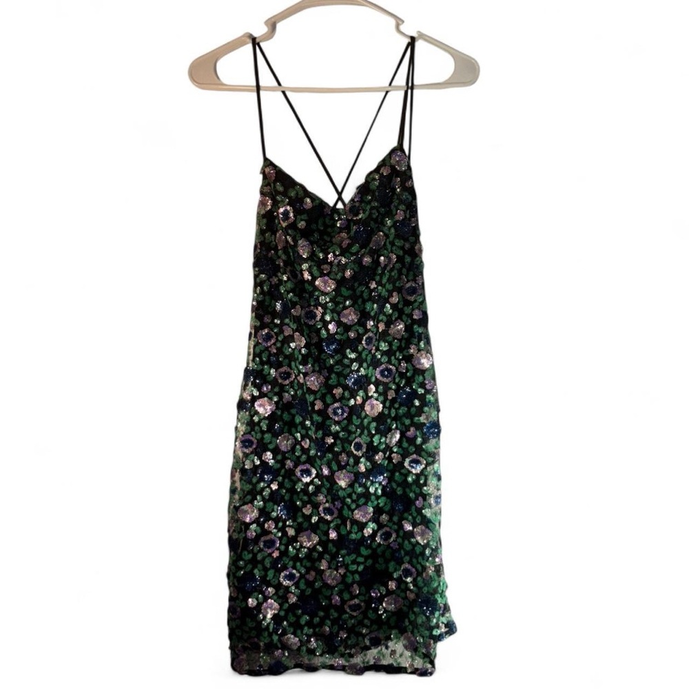 nwt y2k Allen Schwartz Black and Green Floral Mini Dress